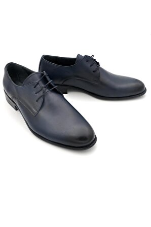 Lacivert Düz Model Hakik Deri Bağcıklı Klasik Erkek Ayakkabı