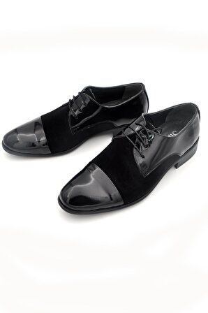 Siyah Rugan Süet Garnitürlü Hakik Deri Bağcıklı Klasik Erkek Ayakkabı