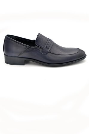 Lacivert Desenli Model Hakik Deri Bağcıksız Klasik Erkek Ayakkabı