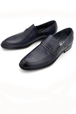 Lacivert Desenli Model Hakik Deri Bağcıksız Klasik Erkek Ayakkabı