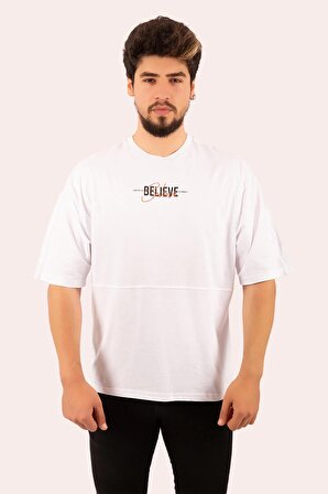 Unisex Believe Baskılı Oversize Kısa Kollu Pamuklu Beyaz T-shirt