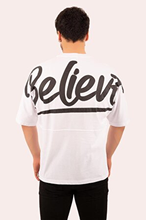 Unisex Believe Baskılı Oversize Kısa Kollu Pamuklu Beyaz T-shirt
