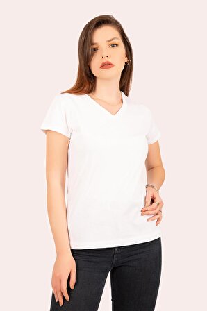 V Yaka Kısa Kollu Beyaz Basic Kadın T-shirt
