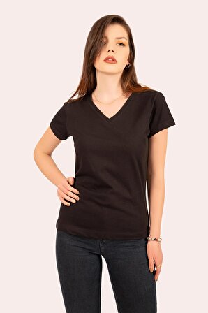 V Yaka Kısa Kollu Siyah Basic Kadın T-shirt