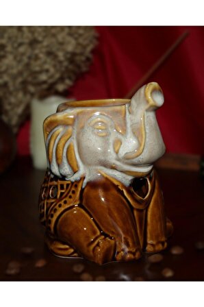 Dekoratif Seramik Fil Figürlü Buhurdanlık Beyaz Kahve