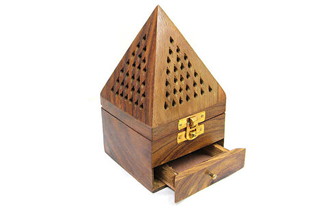 El Yapımı Ahşap Piramit Konik Tütsü Yakma Kutusu Büyük Boy Çekmeceli