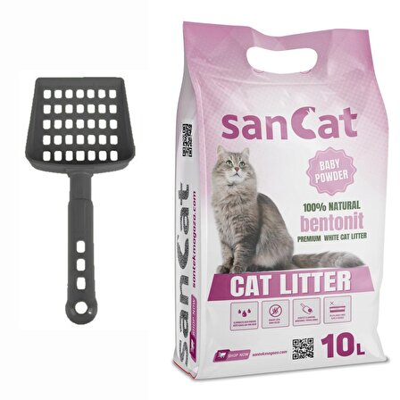 Sancat Premium Bebek Pudrası Kokulu Topaklaşan Beyaz Bentonit Kedi Kumu 10  L + Kürek