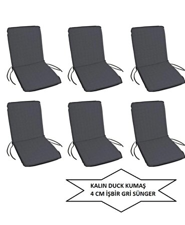 Sandalye Minderi Büyük Arkalıklı  Yıkanabilir 6'lı Gri Renk  4 CM SÜNGER