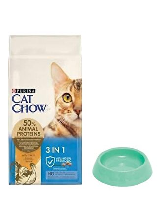 Cat Chow 3ü1 Arada Hindili Yetişkin Kedi Maması 15 Kg, Yuvarlak Su ve Mama Kabı