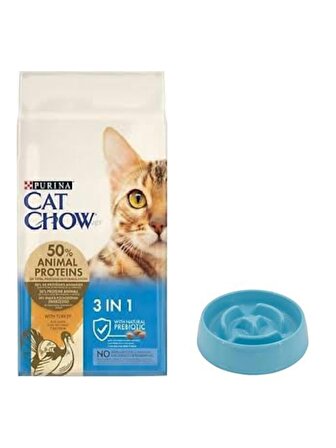 Cat Chow 3ü1 Arada Hindili Yetişkin Kedi Maması 15 Kg, Yavaş Yeme Mama Kabı 775 Ml.