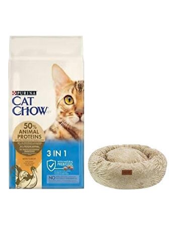 Cat Chow 3ü1 Arada Hindili Yetişkin Kedi Maması 15 Kg, Kahve Luxe Donut Yatak