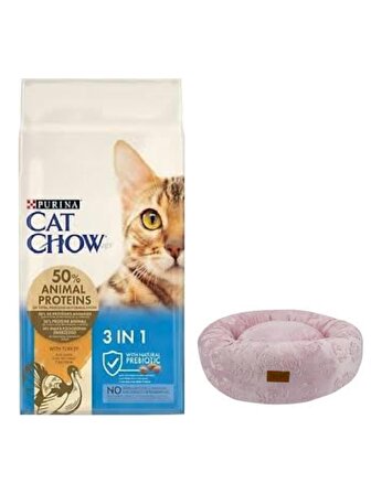 Cat Chow 3ü1 Arada Hindili Yetişkin Kedi Maması 15 Kg, Pembe Luxe Donut Yatak