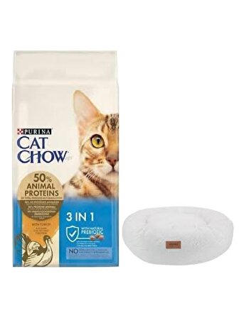 Cat Chow 3ü1 Arada Hindili Yetişkin Kedi Maması 15 Kg, Beyaz Luxe Donut Yatak