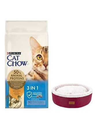 Cat Chow 3ü1 Arada Hindili Yetişkin Kedi Maması 15 Kg, Bordo Mia Donut Yatak