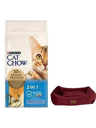 Cat Chow 3ü1 Arada Hindili Yetişkin Kedi Maması 15 Kg, Mini Small Bordo Yatak