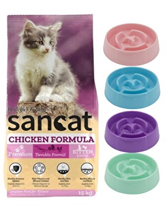 Sancat Premium Tavuklu Yavru Kedi Maması 15 Kg,Yavaş Yeme Mama Kabı 175 Ml.