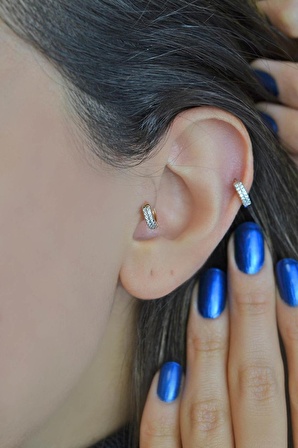 İki Sıra Taşlı Halka Tragus Piercing Helix Kıkırdak Küpesi