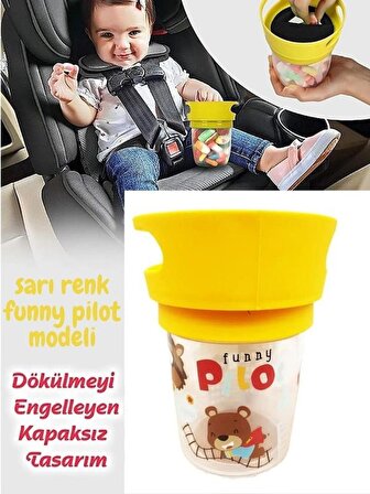 SARI RENK FUNNY Pilot Model - Dökülmeyi Önleyen Atıştırma Bardağı - Çocuk Beslenme Mama Kabı