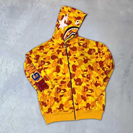 2 İplik Bape Kapüşonu Fermuarlı Sarı Hırka - Premium Kalite 1. Sınıf 