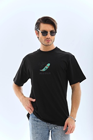 Unisex Oversize Baskılı Bisiklet Yaka T-Shirt - Siyah