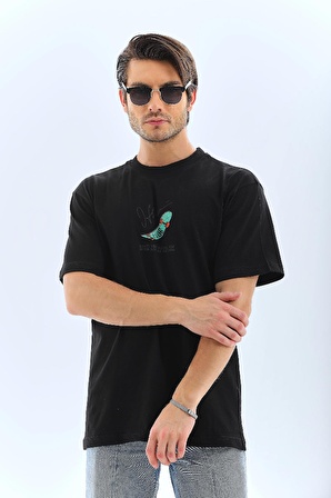 Unisex Oversize Baskılı Bisiklet Yaka T-Shirt - Siyah