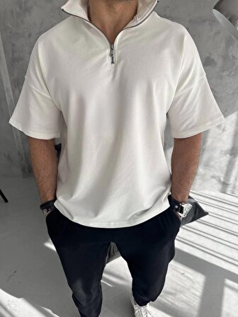 Unisex Yarım Fermuarlı Basic T-Shirt - Beyaz
