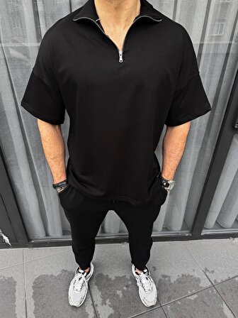 Unisex Yarım Fermuarlı Basic T-Shirt - Siyah