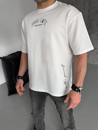 Unisex Baskılı Oversize T-Shirt - Beyaz