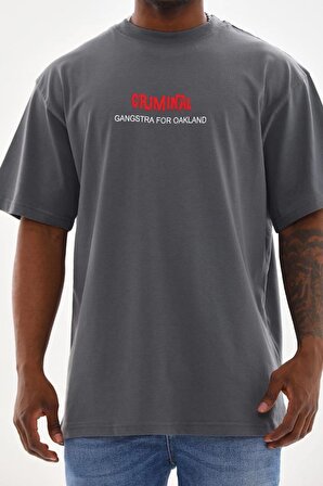 Unisex Baskılı Oversize T-Shirt - Füme
