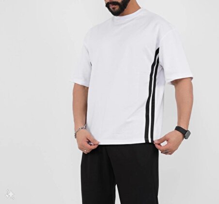 Unisex Oversize Yanları Şeritli T-Shirt - Beyaz