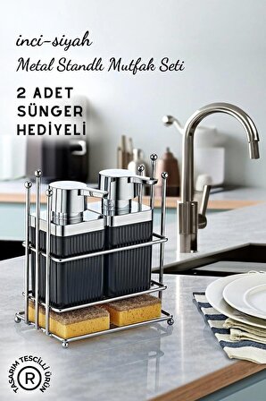 İnci Metal Standlı Siyah Bulaşık Deterjanı ve Sıvı Sabunluk Mutfak Seti- 2 Adet Sünger Hediyeli