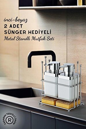 İnci Metal Standlı Beyaz Bulaşık Deterjanı Ve Sıvı Sabunluk Mutfak Seti- 2 Adet Sünger Hediyeli