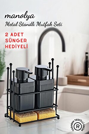 Manolya Metal Standlı Siyah Bulaşık Deterjanı ve Sıvı Sabunluk Mutfak Seti- 2 Adet Sünger Hediyeli