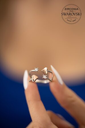 Swarovski Taşlı İki Taş ve İki Kalp Model Gümüş Zirconia Yüzük