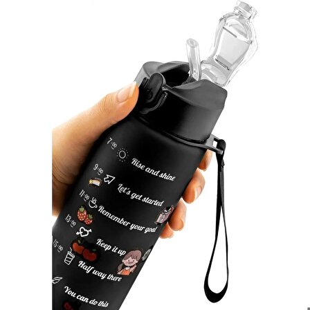 900 ml Matara - Siyah Motivasyon Matarası - Sticker Hediyeli Plastik Suluk Bpa Free