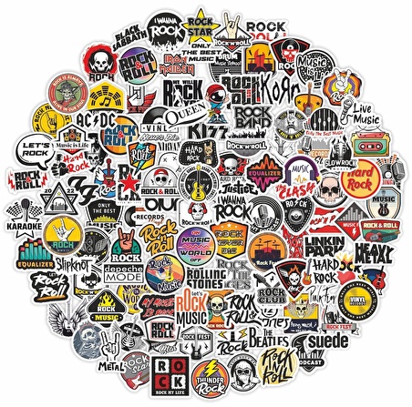 Rock Müzik Rock'n Roll Sticker Etiket Seti (5cm-120 Adet)