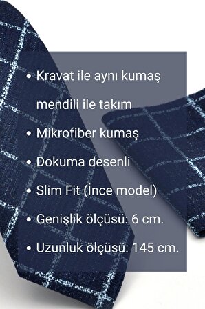 Mavi Lacivert Karışık Desenli Dokuma Kumaş Mendilli Slim Fit Kravat // SDK230907