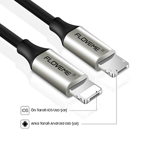 Floveme 2in1 Tek Kabloda Ligtning ve Mikro Usb Bir Arada Kablo 2.4A 100Cm Cep Telefonu Şarj Kablosu