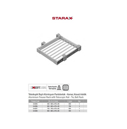 STARAX S-6206-G TELESKOPİK RAYLI ALÜMİNYUM PANTOLONLUK 70 CM GRİ