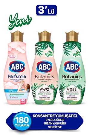 ABC Parfumia & Botanics Organik Anti-Alerjik Eylül Güneşi & Nisan Yağmuru Beyazlar ve Renkliler İçin Konsantre Yumuşatıcı 3 x 1440 ml 180 Yıkama