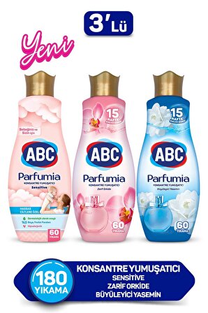 ABC Parfumia Organik Anti-Alerjik Büyüleyici Yasemin & Zarif Orkide Beyazlar ve Renkliler İçin Konsantre Yumuşatıcı 3 x 1440 ml 180 Yıkama