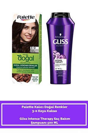 Schwarzkopf Palette Kalıcı Doğal Renkler 3-0 Koyu Kakao  Saç Boyası+ Gliss Intense Therapy Saç Bakım Şampuanı 500 ML