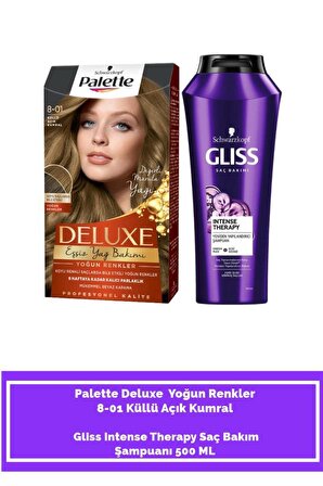 Palette Deluxe Yoğun Renkler 8-01 Küllü Açık Kumral+ Gliss Intense Therapy Saç Bakım Şampuanı 500 ML