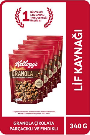 Kellogg's Granola Çikolata Parçacıklı ve Fındıklı 340 Gr x 5 Adet, %44 Yulaf, Lif Kaynağı, Kahvaltılık Gevrek