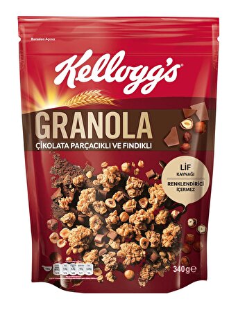 Kellogg's Granola Çikolata Parçacıklı ve Fındıklı 340 Gr x 5 Adet, %44 Yulaf, Lif Kaynağı, Kahvaltılık Gevrek