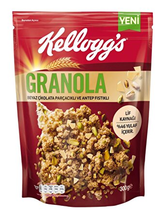 Kellogg's Granola Beyaz Çikolata Parçacıklı&Antep Fıstıklı 300Gr x 5 Adet, %46 Yulaf içerir, Lif Kaynağı