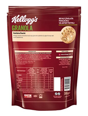 Kellogg's Granola Beyaz Çikolata Parçacıklı&Antep Fıstıklı 300Gr x 5 Adet, %46 Yulaf içerir, Lif Kaynağı