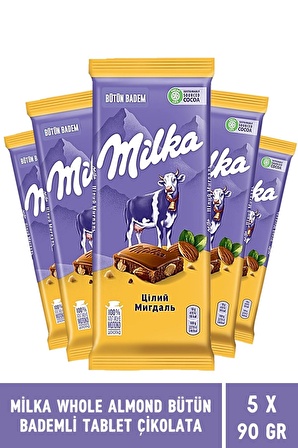 Milka Whole Almond Bütün Bademli Tablet Çikolata 90 gr - 5 Adet