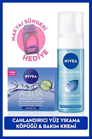 Aqua Sensation Canlandırıcı Bakım Kremi 50ml, Canlandırıcı Yüz Temizleme Jeli 200ml, Sünger Hediyeli