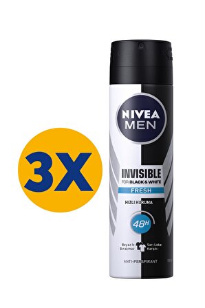 Nivea Black & White Invisible Fresh Antiperspirant Leke Yapmayan Erkek Sprey Deodorant 150 ml x 3